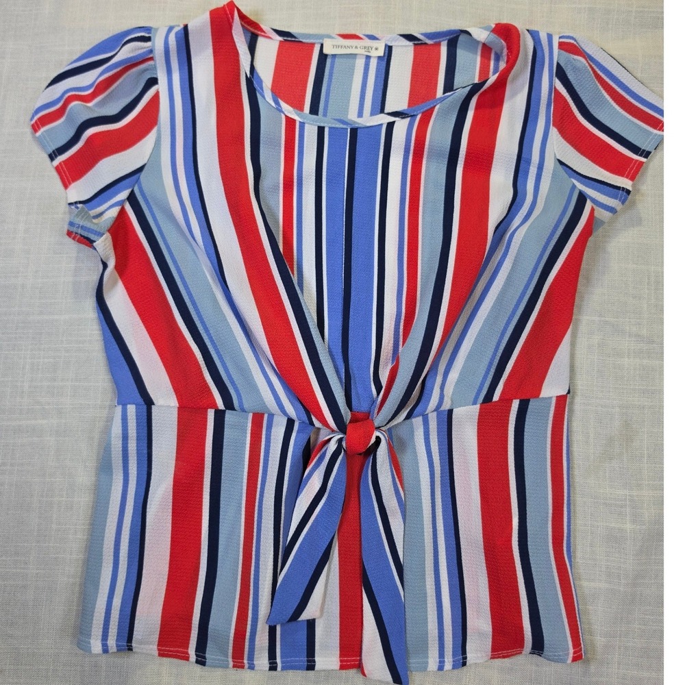 Tiffany & Grey Petite Red Blue White Striped Tie Front Peplum Blouse Medium